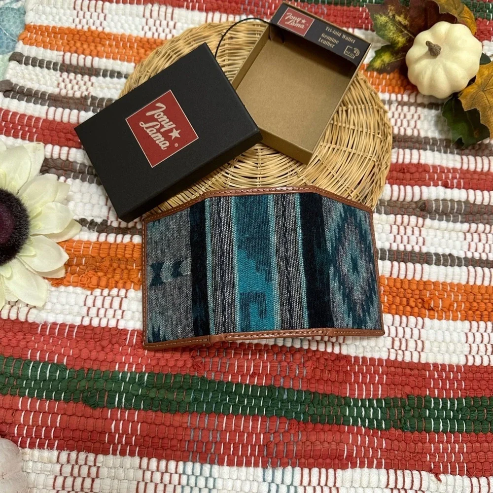 New Tony Lama Tri-Fold Wallet RFID Blue Aztec Canvas Leather Cowboy Western